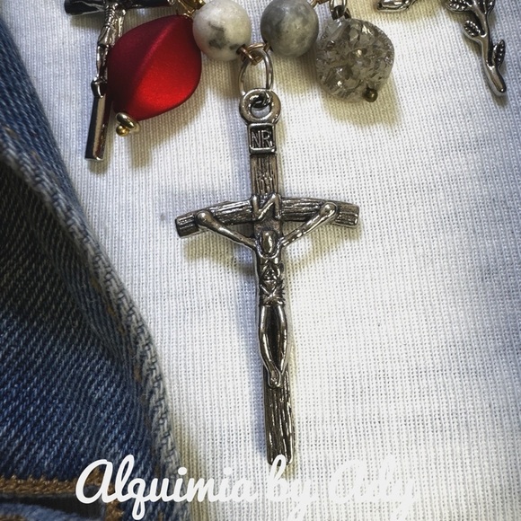 Alquimia Silver and Red Bohemian Necklace with Cross Pendant rhodonite - Picture 3 of 5